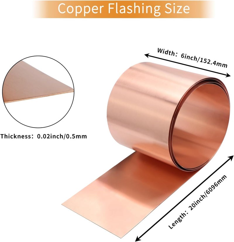 ELECTRAPICK Copper Flashing,24 Gauge(0.5mm) Thickness, 6in x 20ft, 99.95% Pure Copper Sheet Roll, Roofing Metal Flashing Roll for Contractors DIY Projects - Image 2